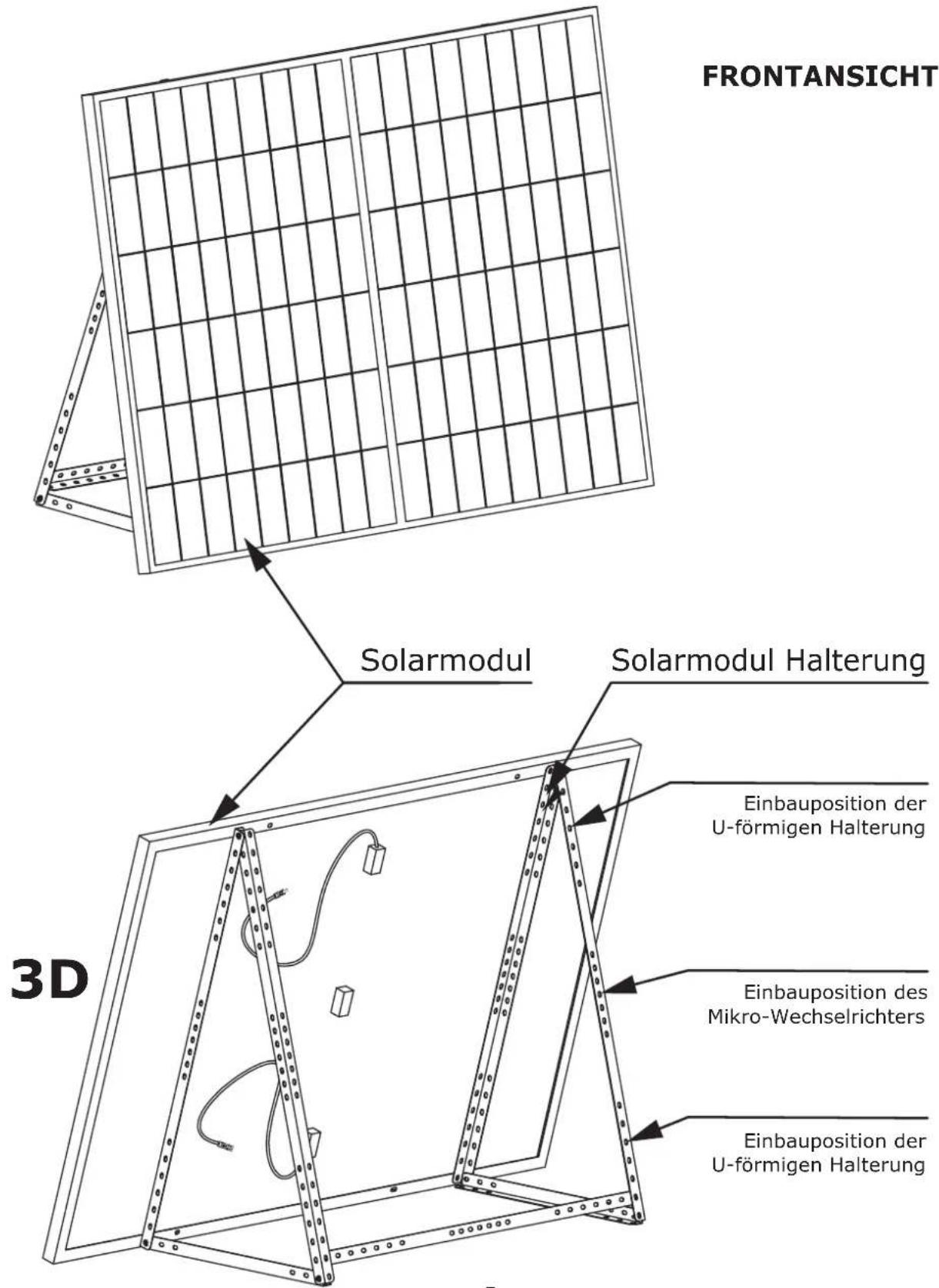 FRONTANSICHT Solarmodul Solarmodul Halterung 3D Einbauposition der U-förmigen Halterung Einbauposition des Mikro-Wechselrichters Einbauposition der U-förmigen Halterung