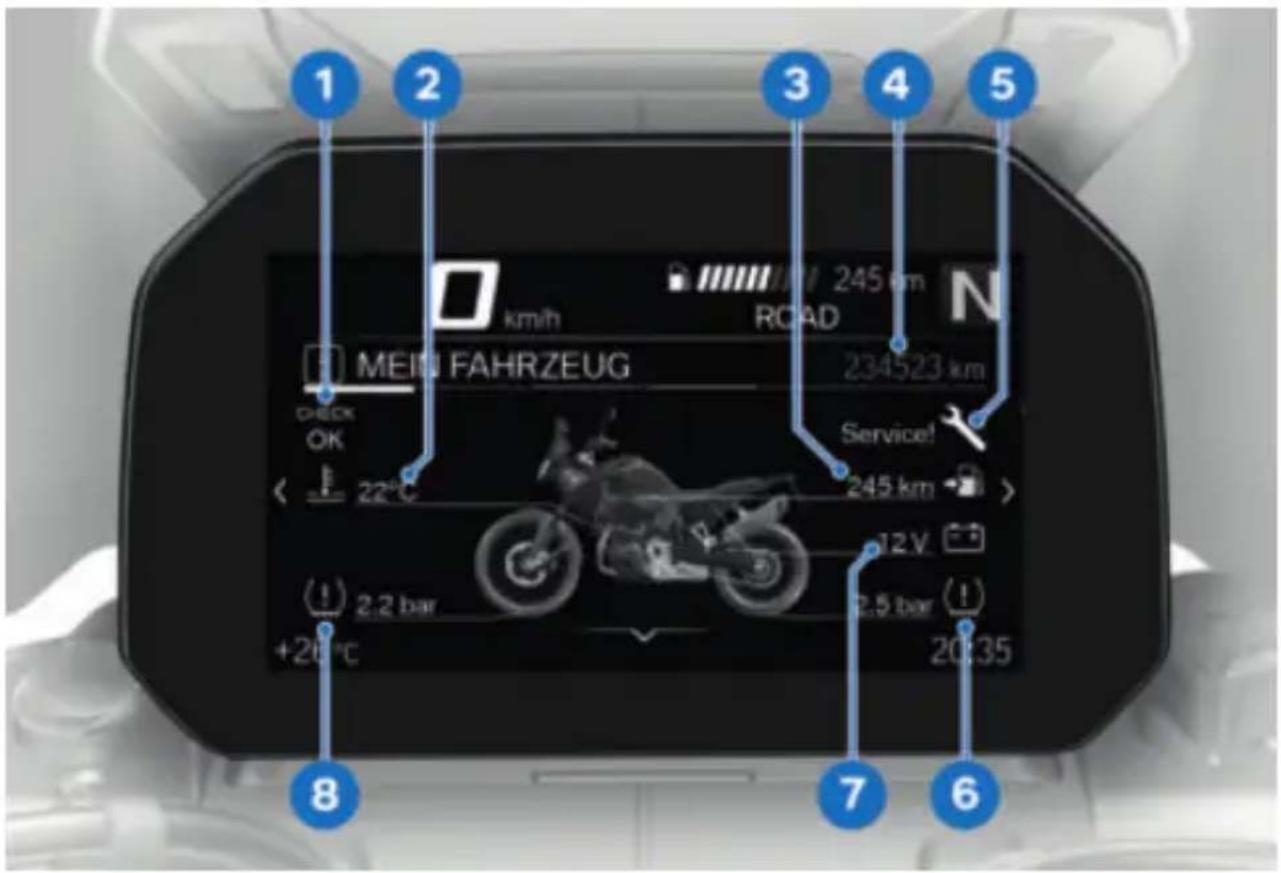 1 2 3 4 5 MEI FAHRZEUG 234523 km Service! 245 km 12V 2.5 bar 20:35 8 +26°C 2.2 bar