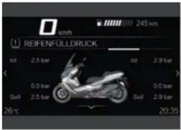 km/h 245 km REIFENFÜLLDRUCK lot 2.5 bar lot 2.9 bar 0.0 bar 0.0 bar Soil 2.5 bar Soil 2.9 bar 26 °C 20:35