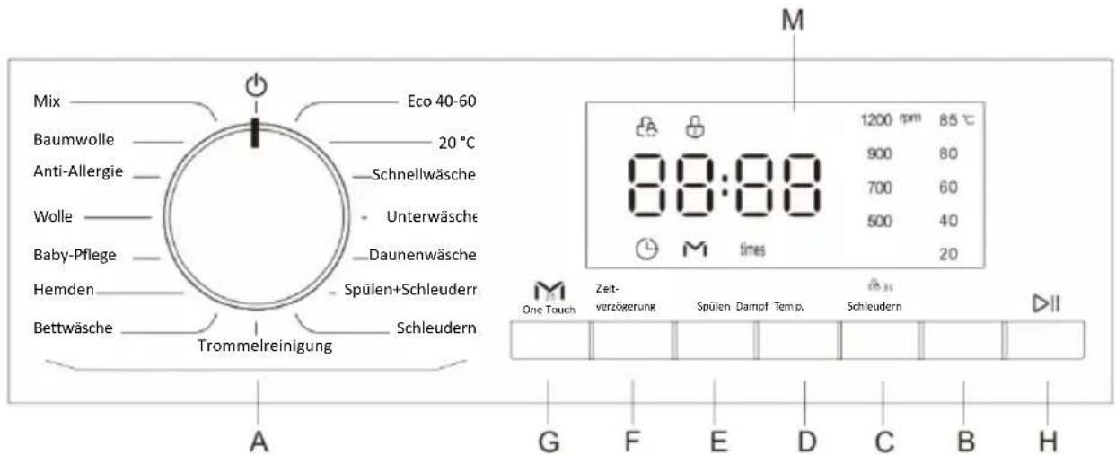 Mix Eco 40-60 Baumwolle 20 °C Anti-Allergie Schnellwäsche Wolle Unterwäsche Baby-Pflege Daunenwäsche Hemden Spülen+Schleuderr Bettwäsche Schleudern Trommelreinigung One Touch Zeit- verzögerung Spülen Dampf Temp. Schleudern 1200 rpm 85 °C 900 80 700 60 500 40 M times 20 A G F E D C B H M