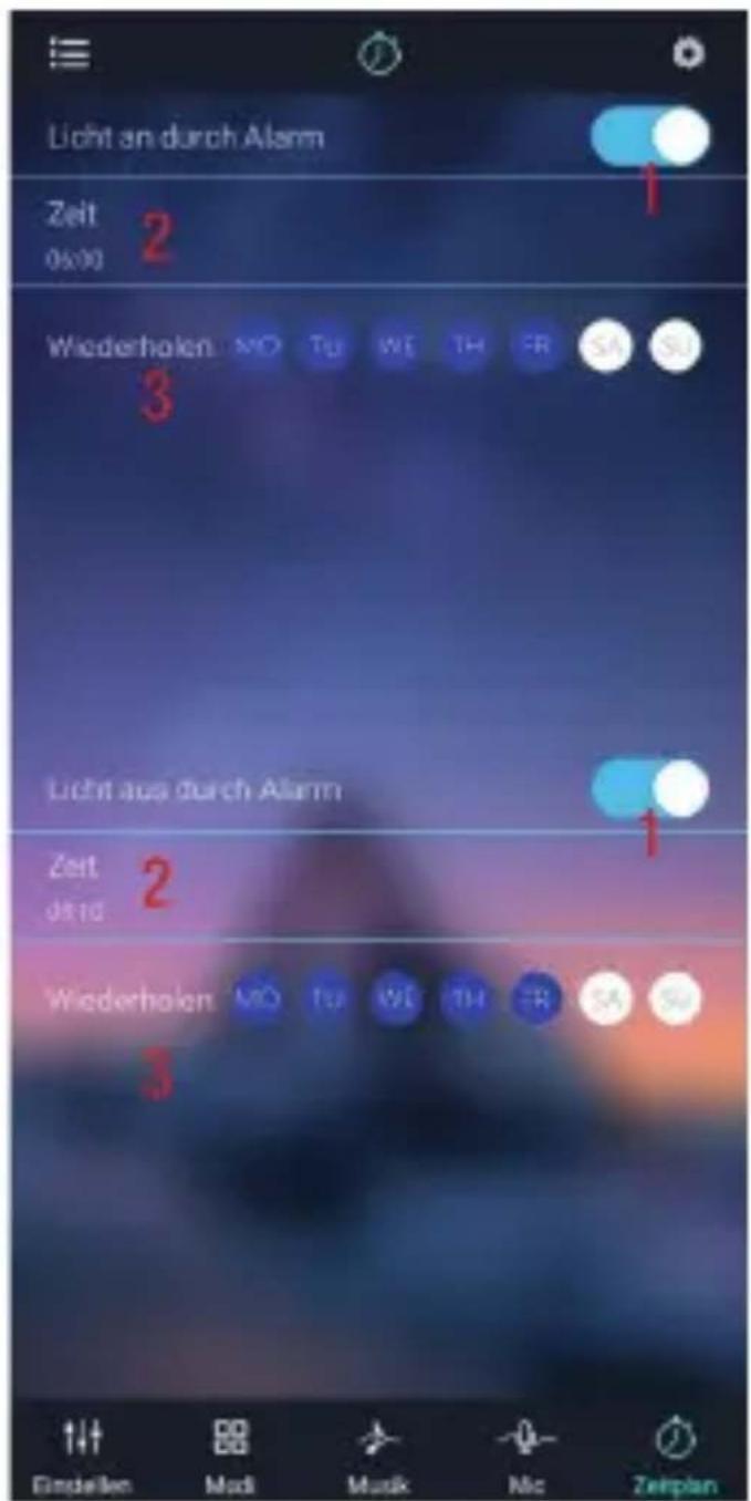 Licht an durch Alarm Zeit 2 0x00 Wiederholen MO TU WE TH FR SA SU 3 Licht aus durch Alarm Zeit 2 de 1d Wiederholen MO TU WE TH FR SA SU 3 Einstellen Mod Musk Nic Zeiplan