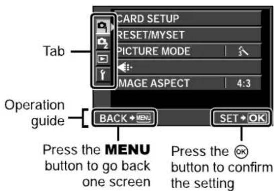 TAB Operation guide Press the MENU button to go back one screen SET→OK Press the Ⓞ button to confirm the setting