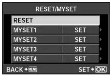 RESET/MYSET RESET MYSET1 | SET > MYSET2 | SET > MYSET3 | SET > MYSET4 | SET > BACK ⬆ MENU | SET ⬆ OK