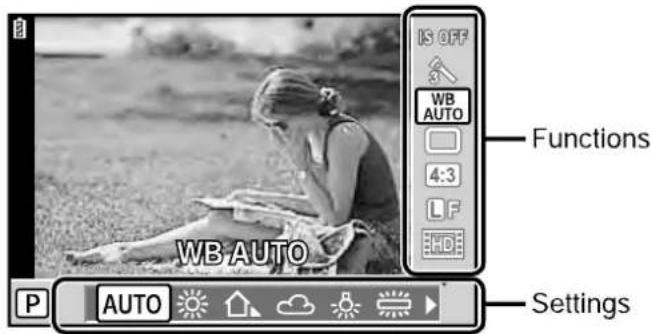 WB AUTO P AUTO IS OFF 3 WB AUTO 4:3 LF HD Functions Settings