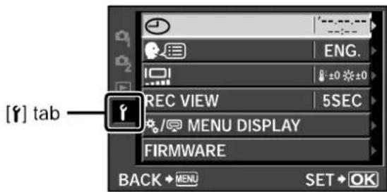 [Y] tab ENG. ±0 ±0 REC VIEW 5SEC MENU DISPLAY FIRMWARE BACK MENU SET OK