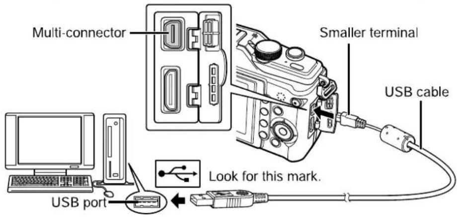 Multi-connector Smaller terminal USB cable Look for this mark. USB port