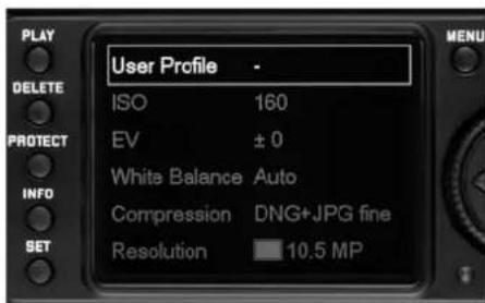 User Profile - ISO 160 EV ± 0 White Balance Auto Compression DNG+JPG fine Resolution 10.5 MP
