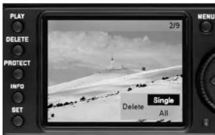 PLAY DELETE PROTECT INFO SET 2/9 MENU Single Delete All