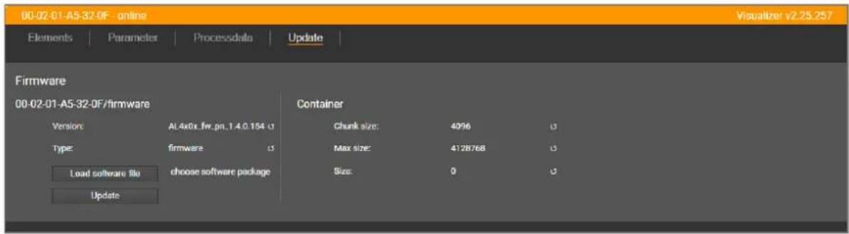 00-02-01-AS-32-OF - online Visualizer v2.25.257 Elements | Parameter | Processdata | Update | Firmware 00-02-01-AS-32-OF/firmware Version AL4x0x_fw_pn_1.4.0.154 U Type firmware Load software file choose software package Update Container Chunk size: 4096 Max size: 4128768 Size: 0 U