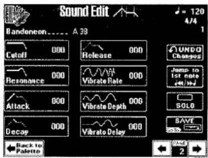 Sound Edit Bandoneon .... A 38 Cutoff 000 Release 000 UNDO Resonance 000 Vibrate Rate 000 Changes Jump to Attack 000 Vibrate Depth 000 SOL Decay 000 Vibrate Delay 000 SAVE Back to Palette Cased 2