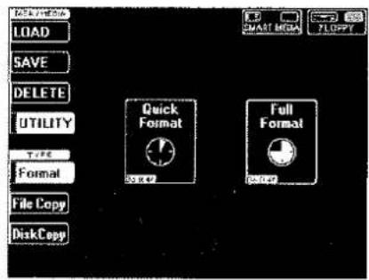 LOAD SAVE DELETE UTILITY TYPE Format File Copy DiskCopy Quick Format 50 Hz 47 Full Format 50 Hz 47 SMART MEGA T1COPY