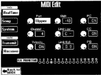 MIDI Edit Real Time Song System Transmit Receive Part Upper Shift -48 PC ON Channel 4 Limit Low C - CC ON Velocity ON Limit High G 9 PB ON GX MONITOR 1 2 3 4 5 6 7 8 9 10 11 12 13 14 15 16 Back to MIDI