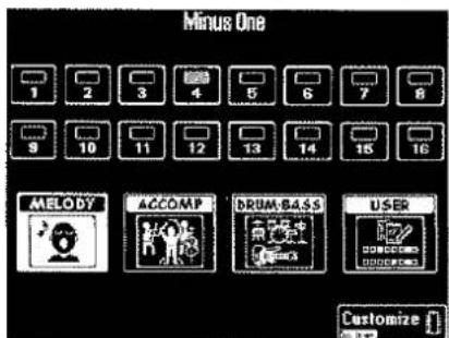Minus One 1 2 3 4 5 6 7 8 9 10 11 12 13 14 15 16 MELODY ACCOMP DRUM-BASS USER Customize