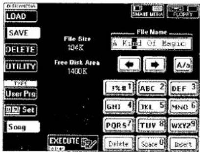 LOAD SAVE DELETE UTILITY TYPE User Pro BID Set Song File Size 104K Free Disk Area 1400K File Name A Kind Of Magic A/o 1% 8 1 ABC 2 DEF 3 GHI 4 TKI 5 MNO 6 POR S7 TUV 8 WXYZ9 EXECUTE Delete Space U Import