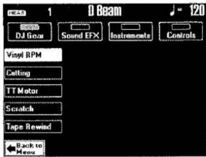 DJ Gear Sound EFX Instruments Controls Vinyl RPM Cutting TT Motor Scratch Tape Rewind Back to Menu