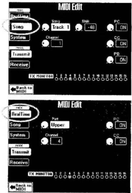 MIDI Edit Real Time Song System Mode Transmit Receive Back to MIDI MIDI Edit Real Time Song System Mode Transmit Receive TX MONITOR 1 2 3 4 5 6 7 8 9 10 11 12 13 14 15 16 Back to MIDI Song Track 1 Shift -48 PC ON Channel 1 CC ON PB ON TX MONITOR 1 2 3 4 5 6 7 8 9 10 11 12 13 14 15 16 Upper Channel 4 PC ON CC ON TX MONITOR 1 2 3 4 5 6 7 8 9 10 11 12 13 14 15 16