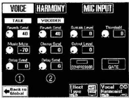 VOICE TALK VOCODER Reverb Send 40 Music Note -70 Delay Send 0 ① ② Sustain Level 0 Output Level 0 COMPRESSOR GATE Effect Type 15.2 Vocal Harmonst NIO
