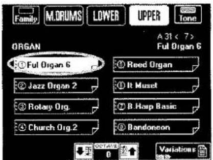 Family M.DRUMS LOWER UPPER Tone ORGAN A 31 < 7 > ① Ful Organ 6 ② Jazz Organ 2 ③ Rotary Org. ④ Church Org.2 ⑤ Reed Organ ⑥ It Muset ⑦ B Harp Basic ⑧ Bandoneon OCTAVE 0 Variation