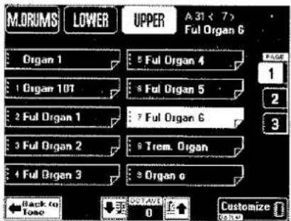 M.ORUMS LOWER UPPER A 31 < 7 > Ful Organ G Organ 1 5 Ful Organ 4 1 Organ 10T 6 Ful Organ 5 2 Ful Organ 1 7 Ful Organ G 3 Ful Organ 2 9 Trem. Organ 4 Ful Organ 3 9 Organ o Back to Toe 0 Customize