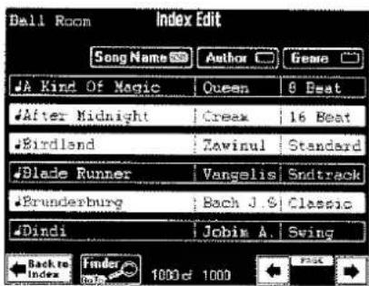 Dell Room Index Edit Song Name Author Genre #A Kind Of Magic Queen 9 Beat #After Midnight Creex 16 Beat #Birdland Zavinul Standard #Blade Runner Vangelis Snitrack #Brunderburg Bach J. S Classic #Dindi Jobim A Swing Back to Index Finder 1000 of 1000
