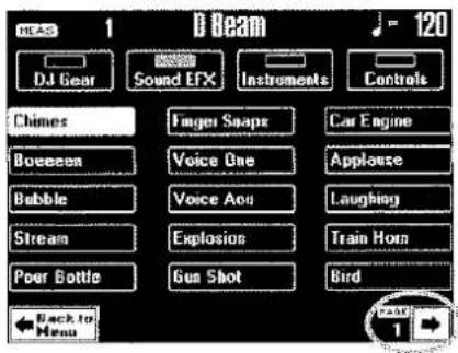 DJ Gear Sound EFX Instruments Controls Chimes Finger Swaps Car Engine Booneen Voice One Applause Bubble Voice Ao Laughing Stream Explosius Train Horn Poor Bottle Gun Shot Bird Back to Menu 120