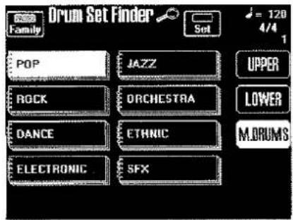 Drum Set Finder Family Pop JAZZ ROCK ORCHESTRA DANCE ETHNIC ELECTRONIC SFX UPPER LOWER M.DRUMS 4/4 1