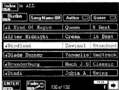 Index >> ALL Rhythm Song Name ☐ Author □ Genre □ A Kind Of Magic Queen 8 Beat After Midnight Cream 16 Beat Birdland Zavinul Standard Blade Runner Vangelis Sndtreck Brunderburg Bach J.S Classic Dindi Jobim A Swing ENTER Finder 132 cf 132 PAGE
