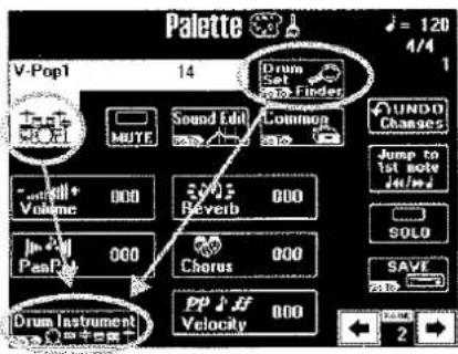 Palette V-Pop1 14 Drum Set Finder SOUND Changes Jump to 1st move JUNDO Volume 000 Reverb 000 PanPod 000 Chorus 000 Drum Instrument PP & If Velocity 000 2