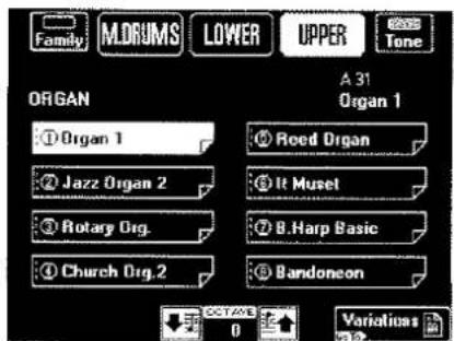 Family M.DRUMS LOWER UPPER Tone ORGAN A 31 Organ 1 ① Organ 1 Reed Organ ② Jazz Organ 2 It Muset ③ Rotary Org. B.Harp Basic ④ Church Org.2 Bandoneon Variation: 10 0