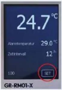 24.7°C Alarm temperature 29.0°C Zetintervall 12 h 1.00 SET GR-RM01-X