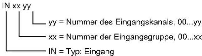 IN xx yy yy = Nummer des Eingangskanals, 00...yy xx = Nummer der Eingangsgruppe, 00...xx IN = Typ: Eingang