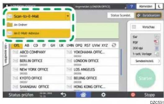 Scan-to-E-Mail An Order An E-Mail-Adresse ORL AB CD EF GH UK LMN OPQ RST UVW XYZ ABCD COMPANY 00001 YOKOHAMA OFFIC... 00002 BERLIN OFFICE 00003 LONDON OFFICE 00004 NEW YORK OFFICE 00005 LOS ANGELES 00006 KYOTO OFFICE 00007 BEIJING OFFICE 00008 SHANGHAI OFFICE 00009 HONG KONG OFFIC... Status prüfen 12.08.2018 Standup Abmelden Status Scandal. Zurücksetzen Verschau SW PDF 200 dpi 1-sett. Vorlage Sendewinstell > Starten DZC531