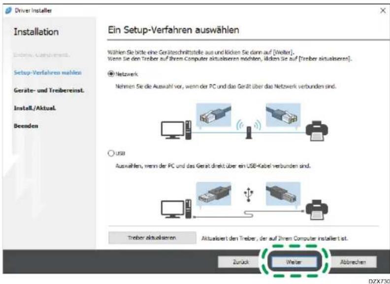 Driver Installer Installation Endem Verfahrens. Setup-Verfahren wählen Geräte- und Treibereinst. Install./Aktual. Beenden Ein Setup-Verfahren auswählen Wählen Sie bitte eine Geräteschnittstelle aus und Kilden Sie dann auf [Walter]. Wenn Sie den Treiber auf Ihrem Computer aktualiseren möchten, Kilden Sie auf [Treiber aktualiseren]. Netwerk Nehmen Sie die Auswahl vor, wenn der PC und das Gerät über das Netzwerk verbunden sind. USB Auswahlen, wenn der PC und das Gerät direkt über ein USB-Kabel verbunden sind. Treiber aktualseren Aktualisiert den Treiber, der auf Ihrem Computer installiert ist. Zurück Meter Abbrechen DZX730