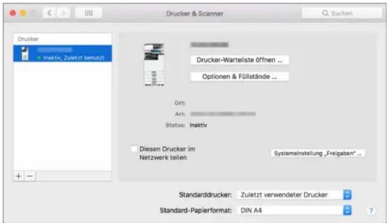 Drucker & Scanner Drucker • Inaktiv, Zuletzt bemutzt Drucker-Warteliste öffnen ... Optionen & Füllstände ... Ort: Art: Status: Inaktiv Diesen Drucker im Netzwerk teilen Systemeinstellung „Freigaben“ ... Standarddrucker: Zuletzt verwendeter Drucker Standard-Papierformat: DIN A4
