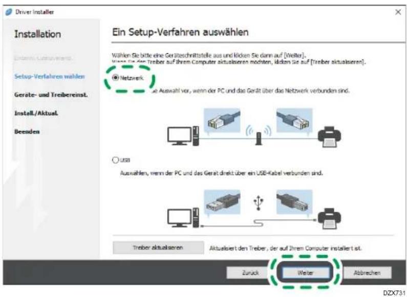Driver Installer Installation Setup-Verfahren wahlen Geräte- und Treibereinst. Install./Aktual. Beenden Ein Setup-Verfahren auswählen Wählen Sie bitte eine Geräteschnittstelle aus und klicken Sie dann auf [Weiter]. Sie: Ein Treiber auf Ihrem Computer aktualiseren möchten, klicken Sie auf [Treber aktualiseren]. Netzwerk Auswahl vor, wenn der PC und das Gerät über das Netzwerk verbunden sind. USB Auswahlen, wenn der PC und das Gerät direkt über ein USB-Kabel verbunden sind. Trebser aktualiseren Aktualsiert den Treiber, der auf Ihrem Computer installiert ist. Zurück Weiter Abbrechen DZX731