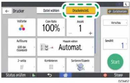 Drucker Datei wählen Druckeinstell Volitarbe Casy Ratio 100% Anzahl 1 Vorschau Auführung 600 dpi (Standard) Auflösung 600 dpi (Standard) Maserin kälten Automat. 2-sette Kombrieren Sortieren/Steueln Start Status prüfen Stopp DZX452