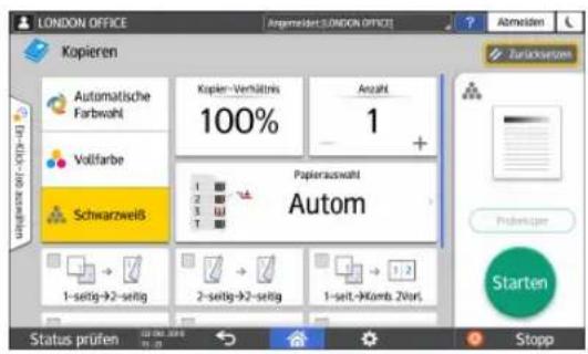 LONDON OFFICE Kopieren Automatische Farbwahl Volitarbe Schwarzweiß 100% Kopien-Verhältnis Anzals 1 + Papierauswahl Autom 1-seitig→2-seitig 2-seitig→2-seitig 1-seit→4-Komb Zvuri Status prüfen Stopp Starten Zurückwerten