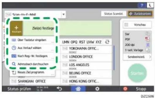 Grän-In-F-Mall + Ziel(e) festiege Über Tastatur eingeben Aus Verlauf wählen Nach Reg.-Nr. festlegen Adressbach durchsuchen Neues Ziel programm... SHANGHAI OFFICE LMN OPQ RST UVW XYZ YOKOHAMA OFFIC... LONDON OFFICE LOS ANGELES BEIJING OFFICE HONG KONG OFFIC... Status Scandt Zurücksartem Vorschau Siv PDF 200 dpi 1-seit. Vorlage Sendewinstell > Starten Status prüfen 12.04.2014 12.12.2014 Stopp DZC506