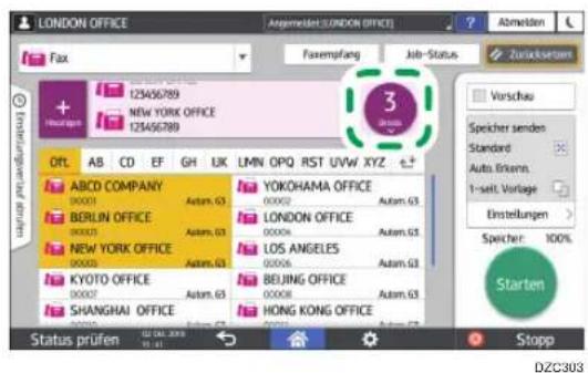 LONDON OFFICE Fax Faxempfang Job-Status Zurückserum 125456789 NEW YORK OFFICE 125456789 3 Status OFF AB CD EF GH IJK LMN OPQ RST UVW XYZ ABC COMPANY 00001 Autom. G3 BERLIN OFFICE 00002 Autom. G3 NEW YORK OFFICE 00003 Autom. G3 KYOTO OFFICE 00007 Autom. G3 SHANGHAI OFFICE 00002 Autom. G3 YOKOHAMA OFFICE 00002 Autom. G3 LONDON OFFICE 00004 Autom. G3 LOS ANGELES 00006 Autom. G3 BEIJING OFFICE 00008 Autom. G3 HONG KONG OFFICE 00002 Autom. G3 Status prüfen 12 DIL 2008 11:31 Stopp Vorschau Speicher senden Standard Auto Einkerns. 1-seit. Vorlage Einstellungen Speicher 100% Starten DZC303