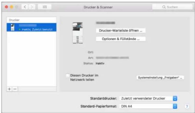 Drucker & Scanner Drucker Inaktiv, Zuletzt benutzt Drucker-Warteliste öffnen ... Optionen & Füllstände ... Ort: Art: Status: Inaktiv Diesen Drucker im Netzwerk teilen Systemeinstellung „Freigaben" ... Standarddrucker: Zuletzt verwendeter Drucker Standard-Papierformat: DIN A4