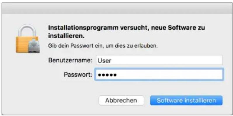 Installationsprogramm versucht, neue Software zu installieren. Gib dein Passwort ein, um dies zu erlauben. Benutzername: User Password: ••••••• Abbrechen Software installieren