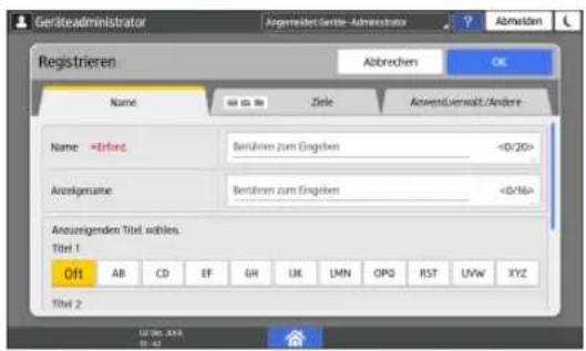 Geräteadministrator Abgrensicht-Geräte-Administrats ? Abmildem Registrieren Abbrechen OK Name Seiz Abwertverwärt/Andere Name >Erforet Berühren zum Englehen <0/20> Anzsgename Berühren zum Englehen <0/16> Anzuorigenden Titel wählen. Titel 1 Off AB CD EF GH UK LMN OPQ RST UVW XYZ Titel 2 12.06.2008 31:42
