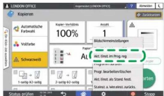 LONDON OFFICE Kopieren Automatische Farbwahl Volfarbe Schwarzweiß 1-seltig-92-seltig Kopier-Verhältnis 100% Anzahl 1 Bildschirmeinstellungen At Akt. Einst. im Prog. reg. Progr. bearbeitervlischen Akt. Einst. als Stand. fest. Steinst. a. Vereinst. zurücks. Status prüfen Stopp