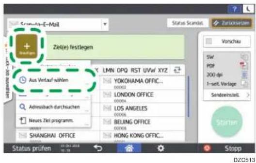 Ziel(e) festlegen Aus Verlauf wählen Adressbuch durchsuchen Neues Ziel programm. SHANGHAI OFFICE LMN OPQ RST UVW XYZ YOKOHAMA OFFIC... LONDON OFFICE LOS ANGELES BEIJING OFFICE HONG KONG OFFIC... Status prüfen Status Scandat Zuruxvergen Vorschau SW PDF 200 dpi 1-sett. Vortage Sendereinstell > Starten DZCS13