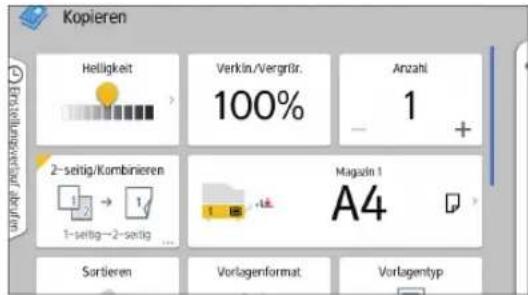 Kopieren Helligkeit Verkirk/Vergröfer. Anzahl 100% 1 + 2-sertig/Kombinieren Magazin 1 A4 1-sertig-2-sertig... Sortieren Vorlagenformat Vorlagentyp