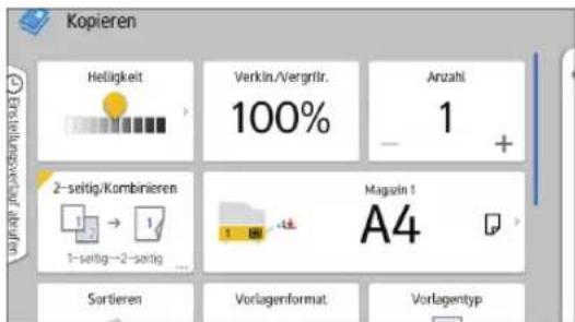 Kopieren Helligkeit Verkün./Vergnfr. Anzahl 100% - + 2-sertig/Kombinieren Magain 1 A4 1-sertig→2-sertig... Sortieren Vorlagenformat Vorlagentyp
