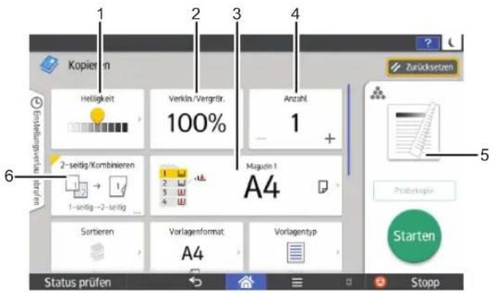 Kopieren Helligkeit Verkün./Vergrär. Anzahl 100% 1 + 2 - 3 - 4 Zurücksetzen 2- seitig/Kombinieren Maguön I A4 Sortieren Vorlagenformat Vorlagentyp A4 Prüterkapier Starten Status prüfen Stopp