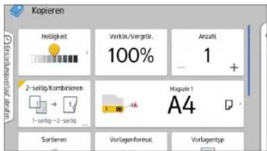 Kopieren Helligkeit Verkün/Vergrüf. Anzahl 100% - + 2-sertig/Kombinieren Magazin 1 A4 Sortieren Vorlagenformat Vorlagentyp
