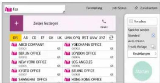 Fax Ziele festiegen OPL AB CD EF GH UK LMN OPQ RST UVW XYZ ABCD COMPANY 00003 GS BERLIN OFFICE 00003 GS NEW YORK OFFICE 00005 GS KYOTO OFFICE 00007 GS SHANGHAI OFFICE YOKOHAMA OFFICE 00002 GS LONDON OFFICE 00004 GS LOS ANGELES 00006 GS BEIJING OFFICE 00008 GS HONG KONG OFFICE Vorschau Speicher senden Standard Auto Eniens. 1-sett. Vorlag Einstellungen Starten
