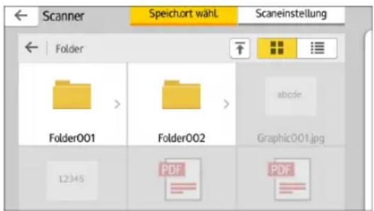 Scanner Speichort wähl. Scaneinstellung Folder Folder001 Folder002 abcde Graphic001.jpg 12345 PDF PDF